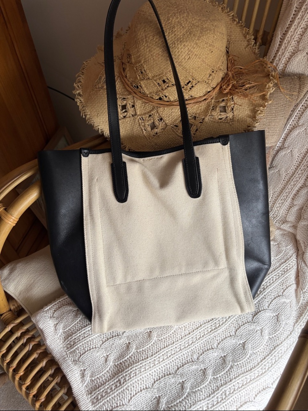 J Crew Canvas & Leather Tote Bag in Black and Cream - Picture 6 of 11